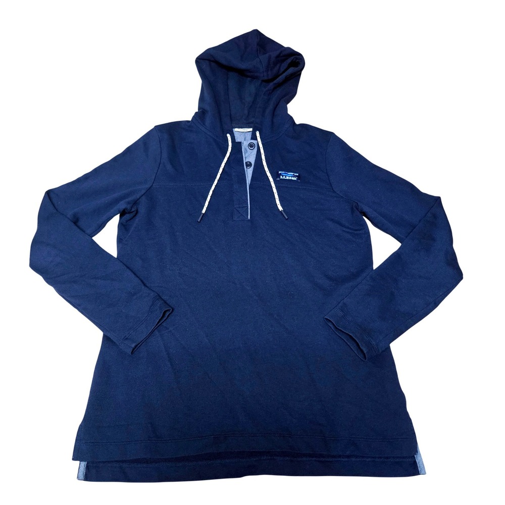 LL Bean Mens Small Navy Blue Henley Hoodie Pullover Logo Patch Long Sleeve S